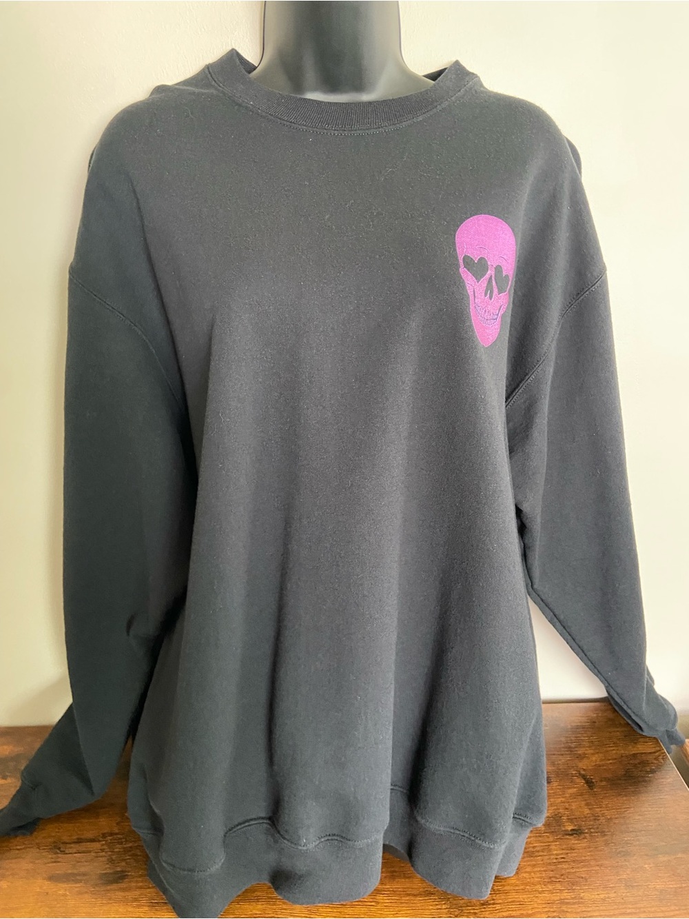 Port and Company Black Crewneck Sweatshirt with Pink Skull